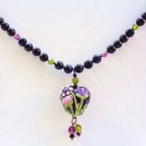 Artisan Lampwork Floral Heart Pendant Necklace Onyx Swarovski Pearl Necklace image 2