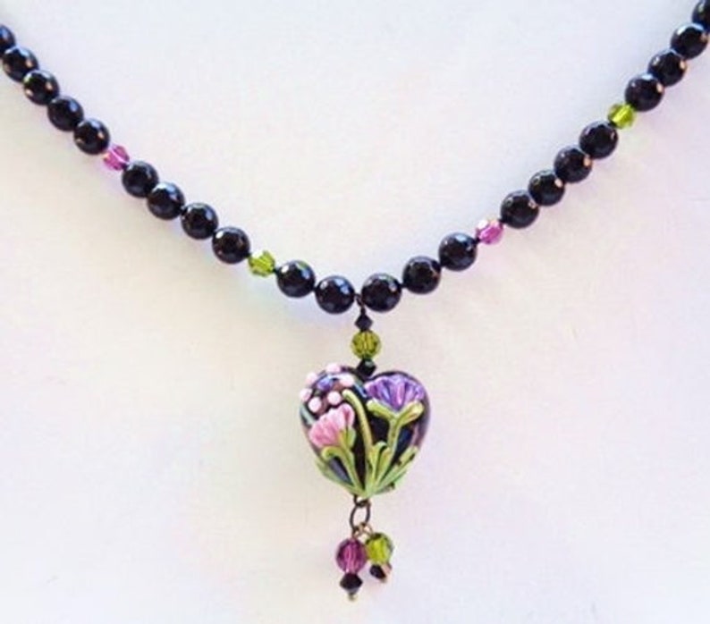 Artisan Lampwork Floral Heart Pendant Necklace Onyx Swarovski Pearl Necklace image 2