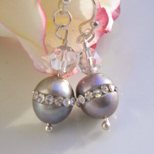 Silver Pearl Earrings w Silk Swarovski Crystals image 1