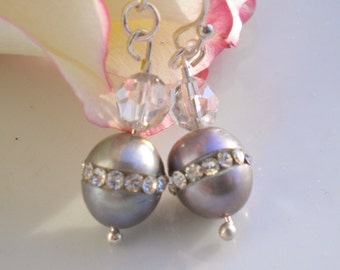 Silver Pearl Earrings w Silk Swarovski Crystals