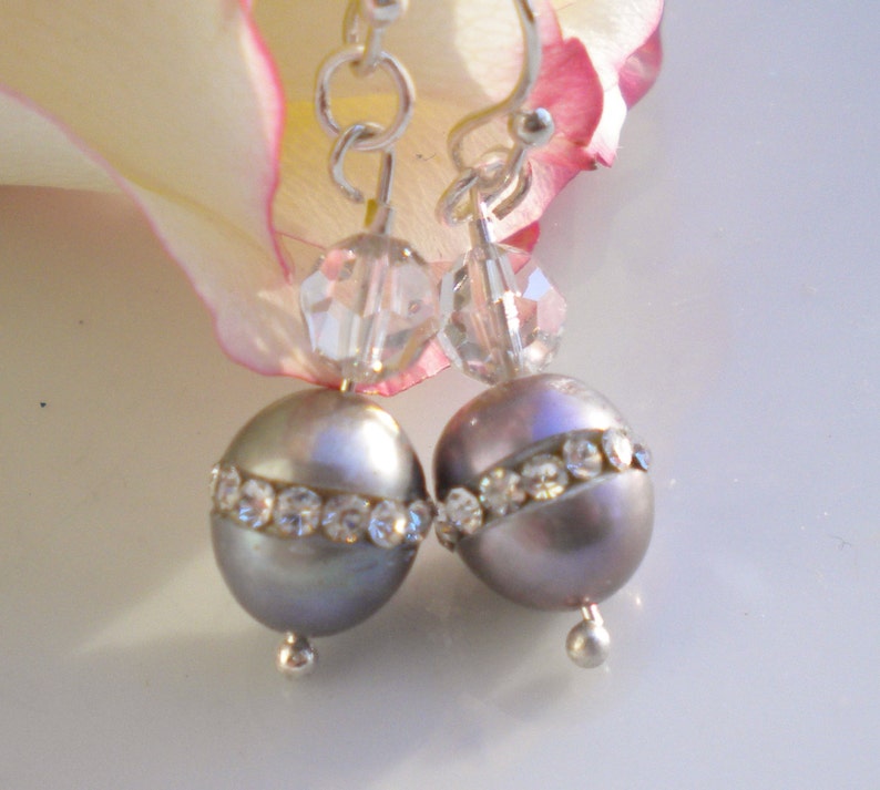 Silver Pearl Earrings w Silk Swarovski Crystals image 1