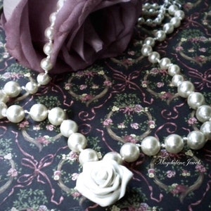 Wedding Pearl Necklace Ivory Pearls Hand Knotted Ivory Polymer Clay Rose image 1