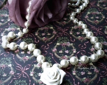 Wedding Pearl Necklace Ivory Pearls Hand Knotted Ivory Polymer Clay Rose