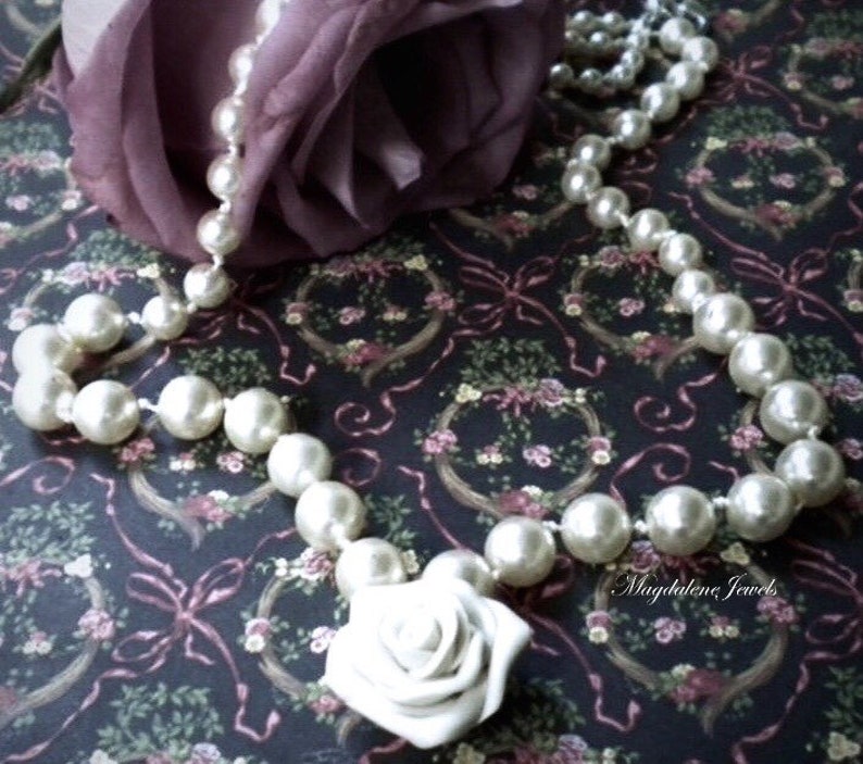 Wedding Pearl Necklace Ivory Pearls Hand Knotted Ivory Polymer Clay Rose image 1