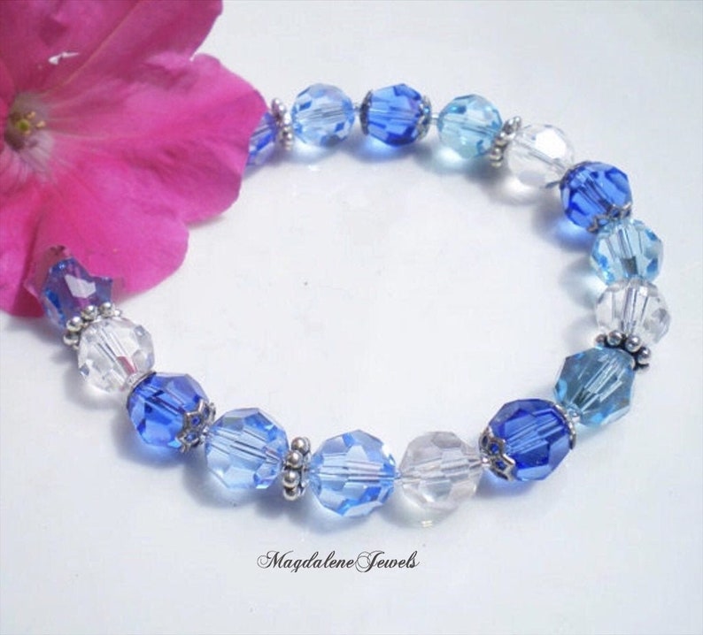 Sapphire Aquamarine Swarovski Crystal Bracelet 8mm Crystals image 0