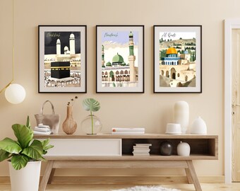 Islamic Home Decor Wall Art | Kaaba Makkah, Masjid Nabawi Madinah, Masjid Al-Aqsa Al Quds Jerusalem | Poster Islam Mosque Printable Download