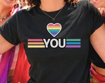 Lesbian Pride Shirt: LGBTQ+ Rainbow Heart Top, Love You Stripe Gay Tee