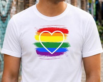 Men's LGBTQ Pride Tee: Gay Rainbow Heart, Queer Fashion Gear, Parade Festival Apparel