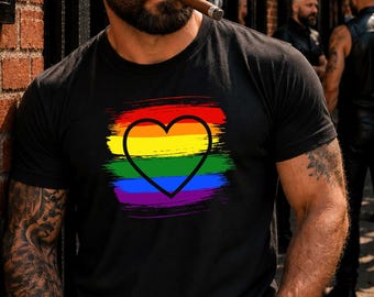 Men's Pride Tee: Gay Rainbow Heart, Queer Fashion Gear,  LGBTQ Parade Festival Apparel