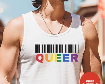 Débardeur Queer Rainbow Pride pour homme : chemise d'été sans manches graphique LGBTQ+ avec code-barres, gris blanc