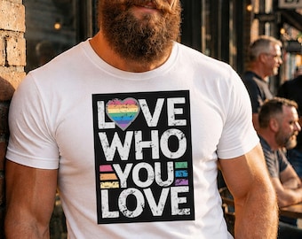 Men's Pride T-Shirt: Gay Rainbow Heart Graphic, Love Who You Love LGBTQ Tee