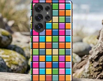Retro Phone Case for Samsung: Geometric Mosaic Block Art, Protective Tech Accessory, Black