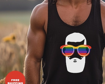 Camiseta sin mangas para hombre con estampado de barba y gafas de sol arcoíris - Regalo del Orgullo Gay