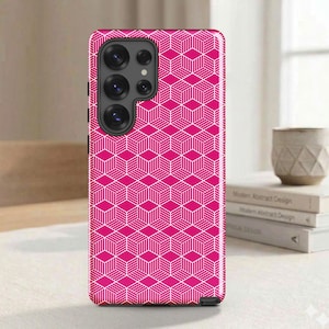 May include: A smartphone case featuring a vibrant hot pink and white geometric pattern of repeating cubes. The design consists of thin white lines forming a three-dimensional grid effect across the entire surface, with a black camera module.
