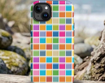 Retro Phone Case for iPhone: Geometric Mosaic Block Art, Protective Tech Accessory, White