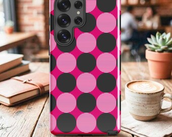 Geometric Circles Samsung Case: Black Pink White Dot Pattern, Tough Phone Cover