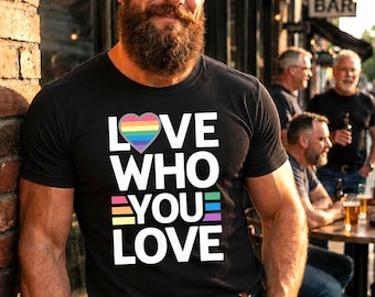 Men's Pride T-Shirt: Gay Rainbow Heart Graphic, Love Who You Love LGBTQ Tee