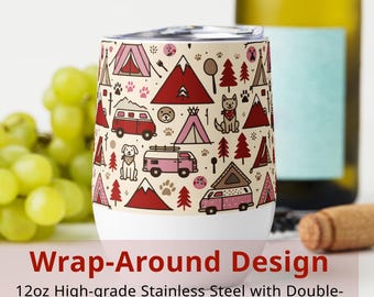 White 12oz Stainless Steel Wine Tumbler - Camping Adventure Pet Theme Design