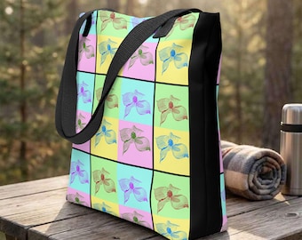 Floral Art Tote Bag with Flower Graphic: Geometric Grid Canvas, Trendy Aesthetic Shoulder Handbag