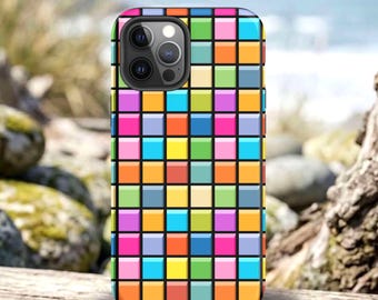 Retro Phone Case for iPhone: Geometric Mosaic Block Art, Protective Tech Accessory, Black