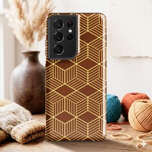 3D Geometric Phone Case for Samsung – Modern Gold Brown Abstract Art Cover (Tough)