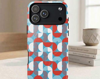 Bauhaus Style iPhone Case: Geometric Abstract Blue, Red, White Modern Art, MagSafe Cover