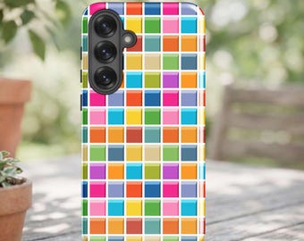 Retro Phone Case for Samsung: Geometric Mosaic Block Art, Protective Tech Accessory, White