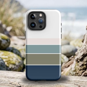 May include: A smartphone case featuring a horizontal color-blocked design with five distinct stripes in white, pale pink, muted teal, olive green, and dark navy blue. The case has a black camera module cutout at the top left corner.