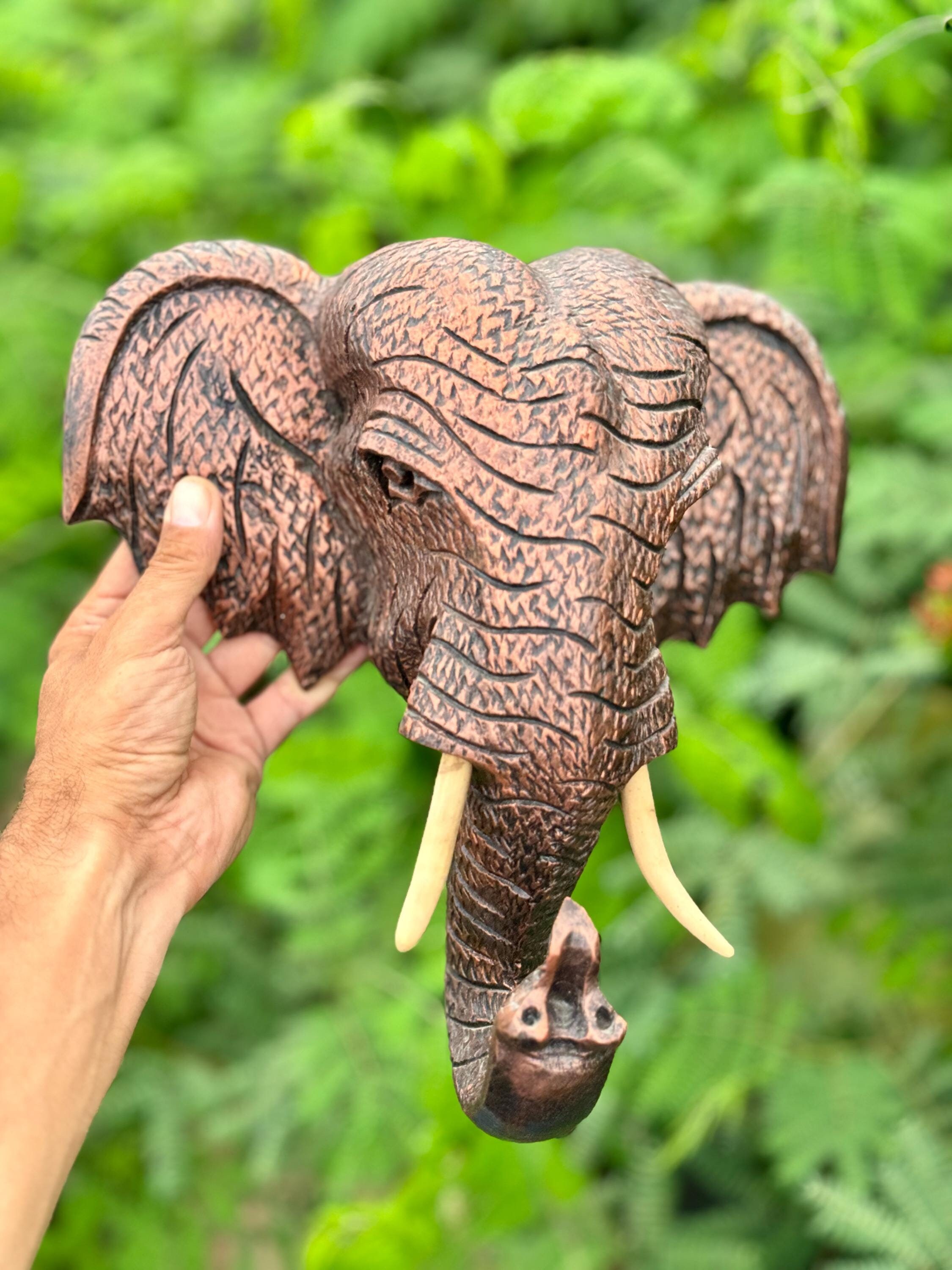 木彫りの象の頭 | 13 インチの手作り木製動物の顔 | 家庭用のユニーク