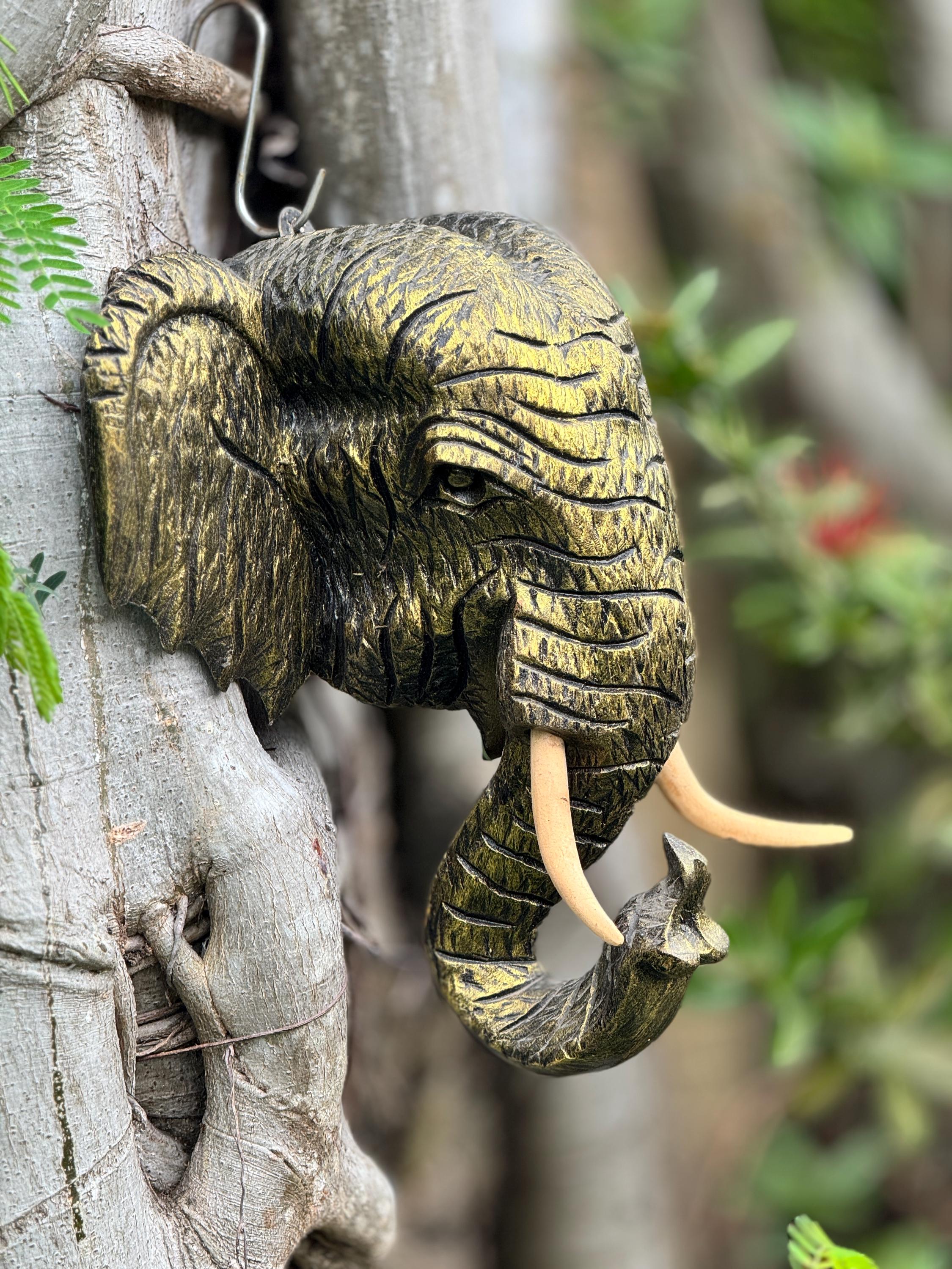 木彫りの象の頭 | 13 インチの手作り木製動物の顔 | ユニークな木製