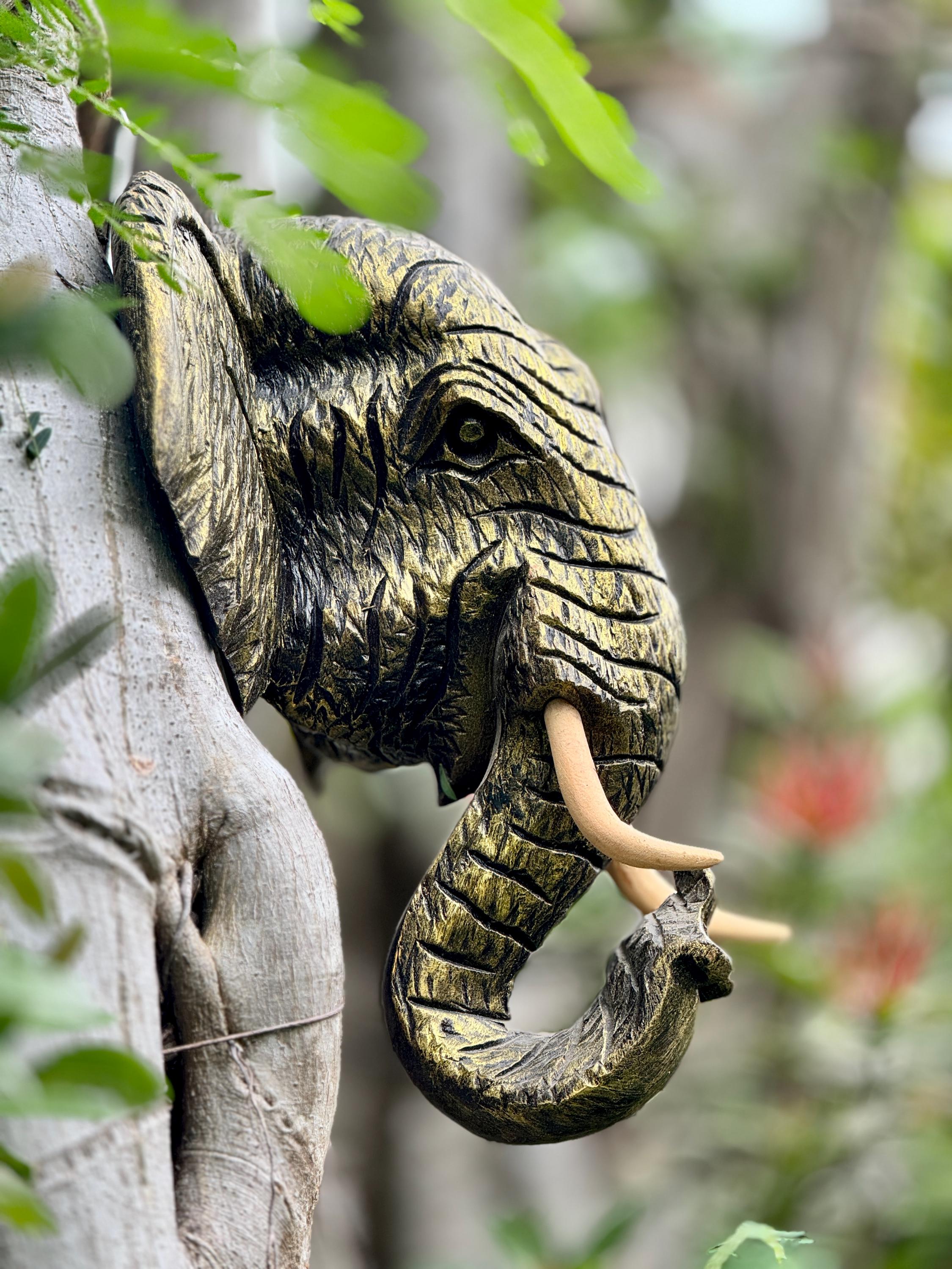 木製品彫刻象 木彫りの象の頭 | 13 インチの手作り木製動物の顔 | ユニークな木製