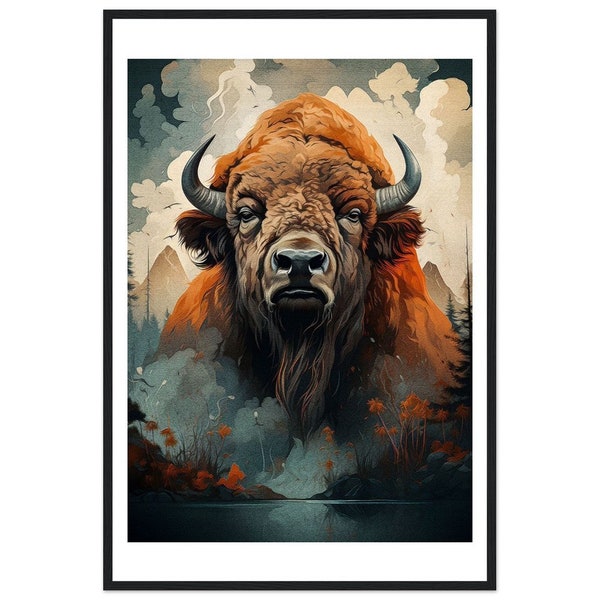 Premium-Poster Bison 1 aus mattem Papier mit Holzrahmen