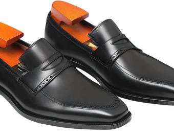 Mocassini slip-on neri in vera pelle, realizzati a mano, scarpe eleganti da ufficio formali da uomo