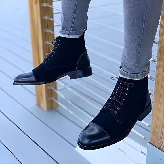 Botines de punta redonda de cuero y gamuza azul marino oscuro hechos a mano  nuevos para hombre, botines para hombre, botas de boda para hombre, botas