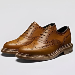 New Handmade Leather Tan/Brown Oxford Brogue Wingtip Triple Sole Shoes For Men, Wedding Shoes for Men, Gift for Him, Oxford Lace Up Shoes