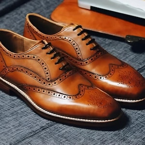 Handmade Mens Wingtip Brogue Dress Shoes, Men Brown Luxury Formal Shoes For Men, Wedding Shoes for Men, Gift for Him, Oxford Lace Up Shoes