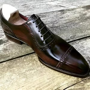 Bespoke Men&#39;s Handmade Genuine Brown Leather Oxford Cap Toe Dress Formal Shoes, Wedding Shoes for Men, Oxford Shoes, Christmas Gift