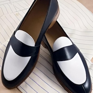 Handmade Men Navy Blue and White Leather Shoes, Men Slip Ons Men Spectator Shoes, Slip On Moccasin Shoes, Christmas Gift For Him