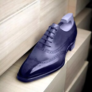 Mens Handmade Genuine Blue Leather Oxford Lace Up Wingtip Formal Dress Shoes, Office Shoes for Men, Oxford Shoes, Formal Dress Shoes For Men