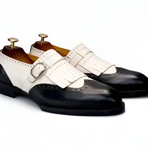 Handmade Mens Two Tone Dress Shoes, Men Black and White Fringe Buckle Shoes, Office Shoes for Men, Oxford Shoes, Christmas Gift For Him