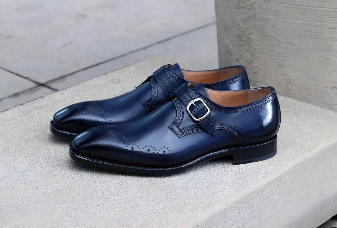 Handmade Blue Leather Monk Strap Shoes, Formal Oxford Dress 