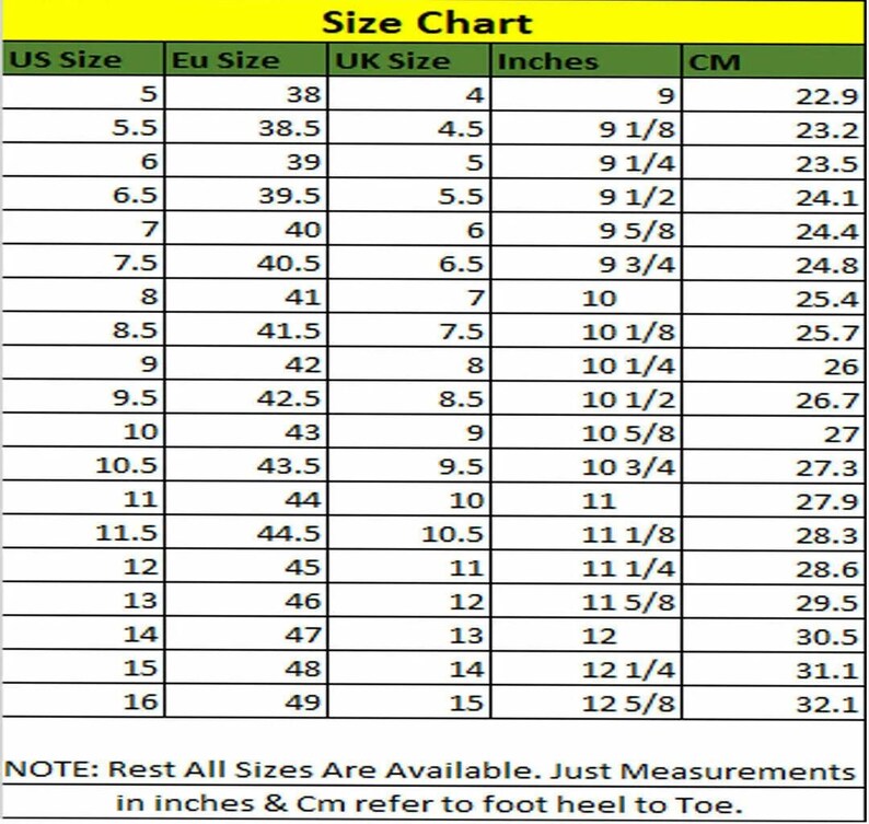 Puede incluir: Tabla de tallas de zapatos, que muestra las tallas US, EU, UK, pulgadas y cent&iacute;metros. La tabla va de la talla US 5 a 16.