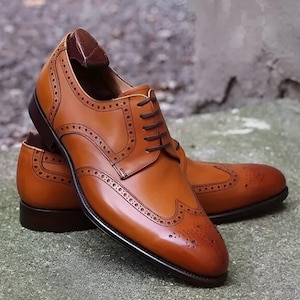 Handmade Men&#39;s Brown Wing Tip Brogue Derby Lace Up Dress Leather Business Shoes, Wedding Shoes for Men, Oxford Shoes Christmas Gift For Men