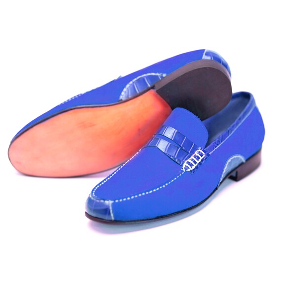 Blue Suede Slip-On Loafers with Moccasin Stitching Men Handmade Blue Suede Tassels Shoes Slip on Loafer  main image 4