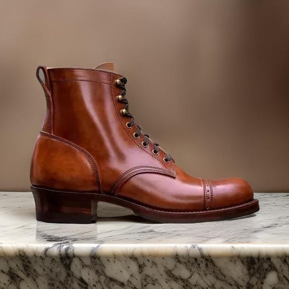 Tan Leather Cap-Toe Ankle Boots Handmade Antique Brown Pull up Leather Ankle Boots, Men Cap  main image 4