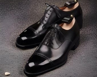 Handgemaakte zwartleren oxford-schoenen, formele schoenen met veters