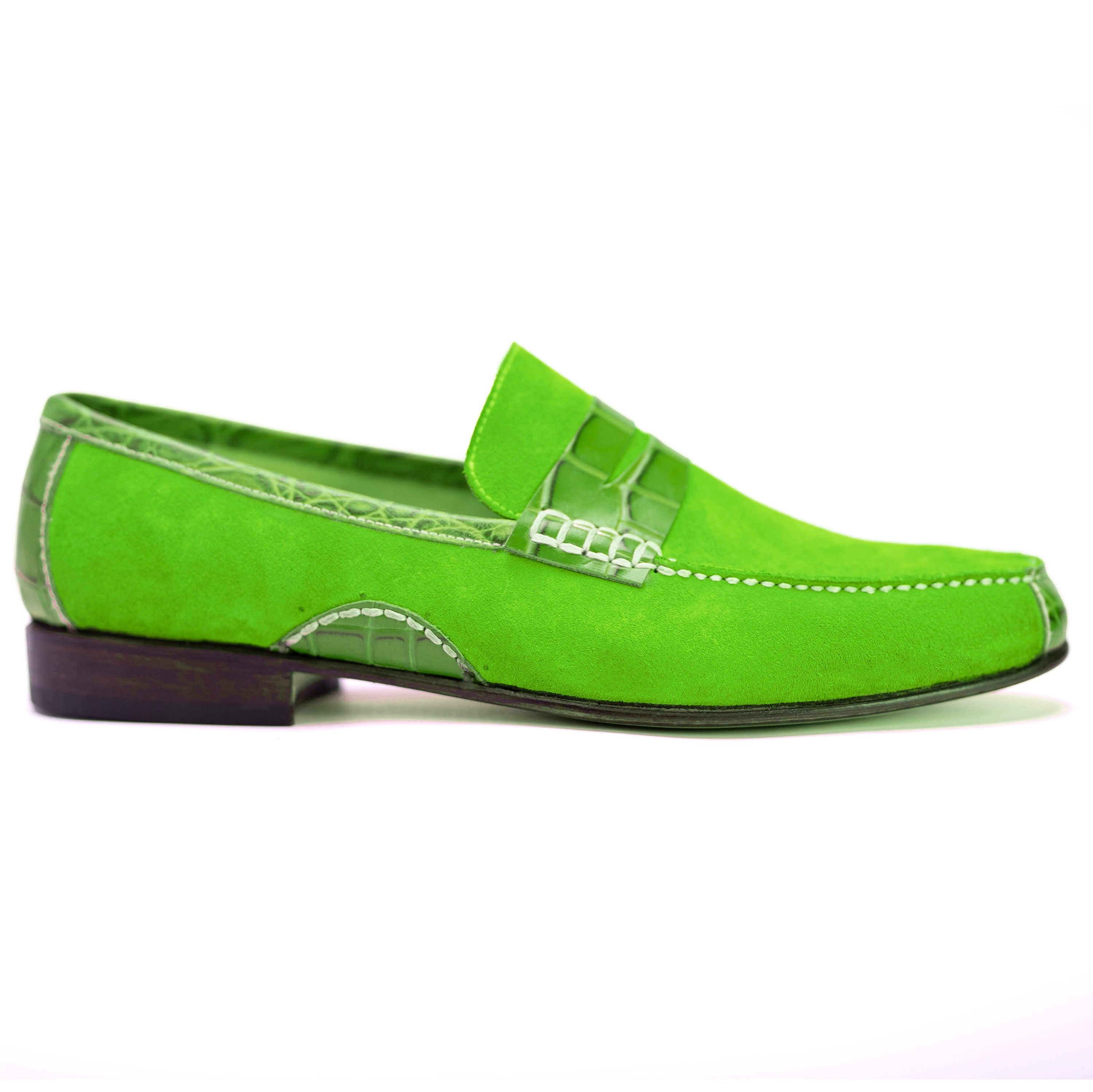 Handmade Green Suede Leather Loafers, Men