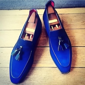 Handmade Men Leather Shoe, Royal Blue Loafer for Men, Formal Suede Leather Dress Shoes, Slip On Moccasin Shoes, Christmas Gift For Him
