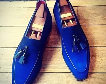Handmade Royal Blue Suede Leather Loafers, Men's Dress Shoes