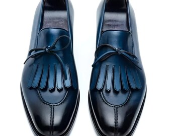 Handmade Men&#39;s Oxford Leather Blue Slip On Dress Fringes Loafer Shoes For Men, Wedding Shoes, Oxford Shoes, Formal Dress Shoes For Men